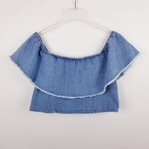 American Eagle Cropped On/Off Shoulder Denim Ruffle Boho Top